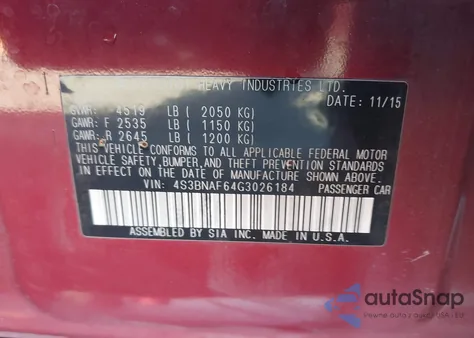 2016 Subaru Legacy 2.5I Premium из США, поврежденный, VIN 4S3BNAF64G3026184